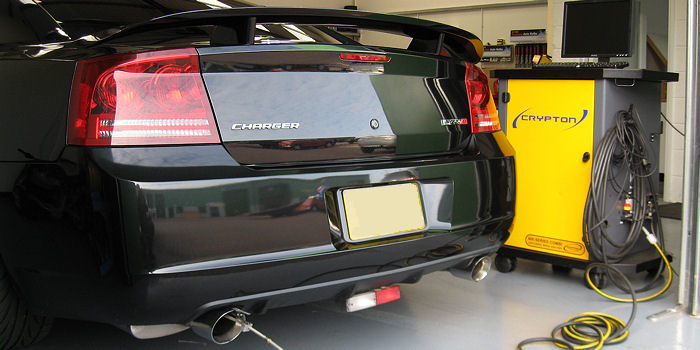 Testing the emissions of the Dodge Charger at Stuart Wright Transport